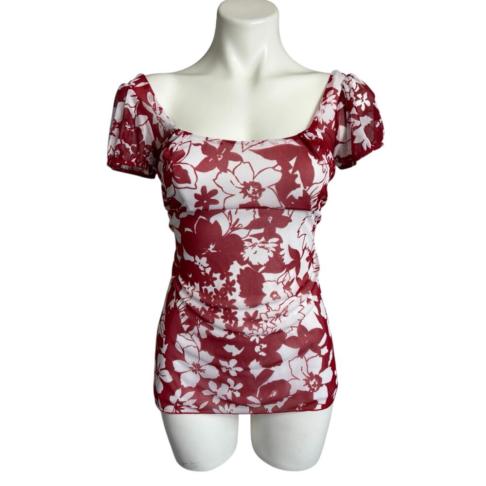 y2k Mesh Babydoll Top Puff Sleeves Size S Red White Tie Back Floral Beach Summer